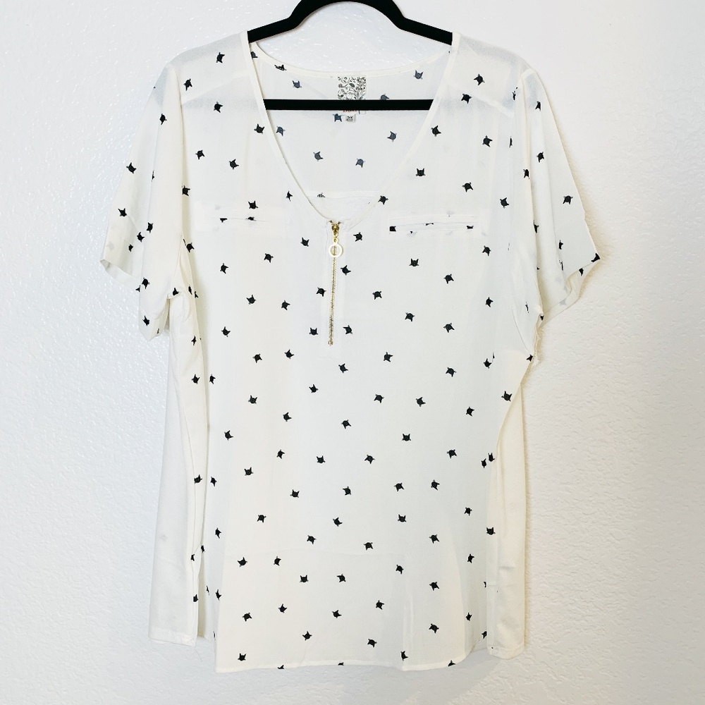 Naif Black Cat Print Blouse Womens 2X White Zipper Whimsigoth Witchy Novelty